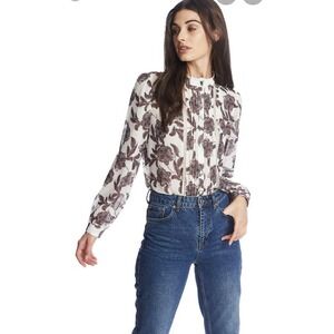 New 1.State Baroque Paisley Pintuck Blouse Cream Button-Down Top XS NWT